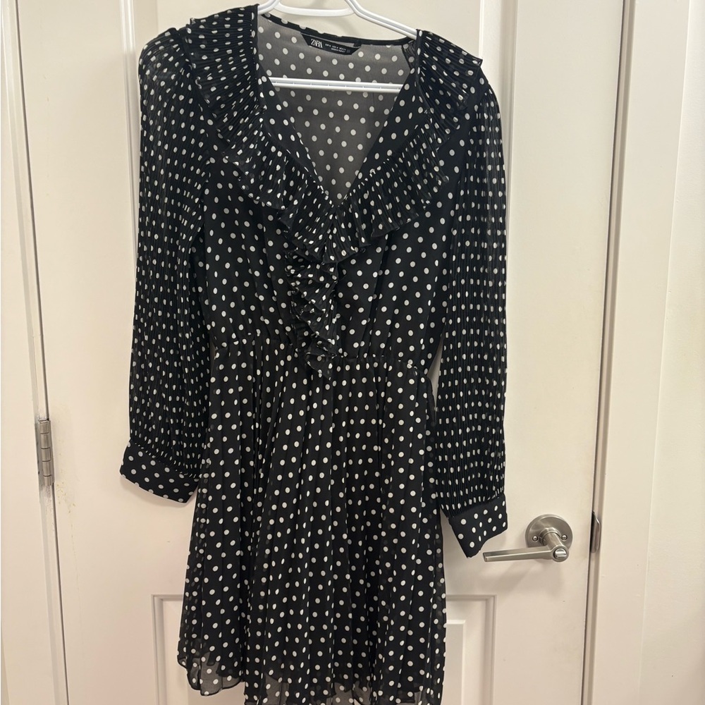 Zara Black and White Polka Dot Long Sleeve Dress